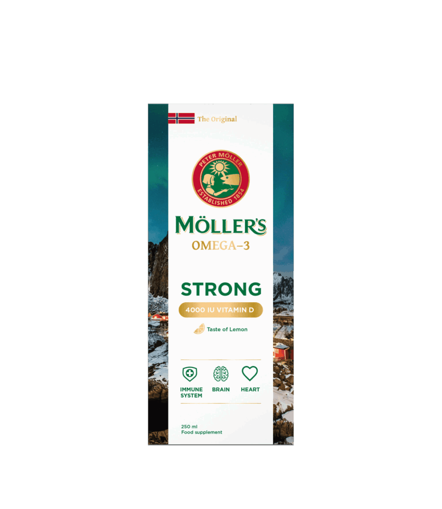 Möller‘s Strong Vitamin D žuvų taukai, citrinų skonio, 250 ml